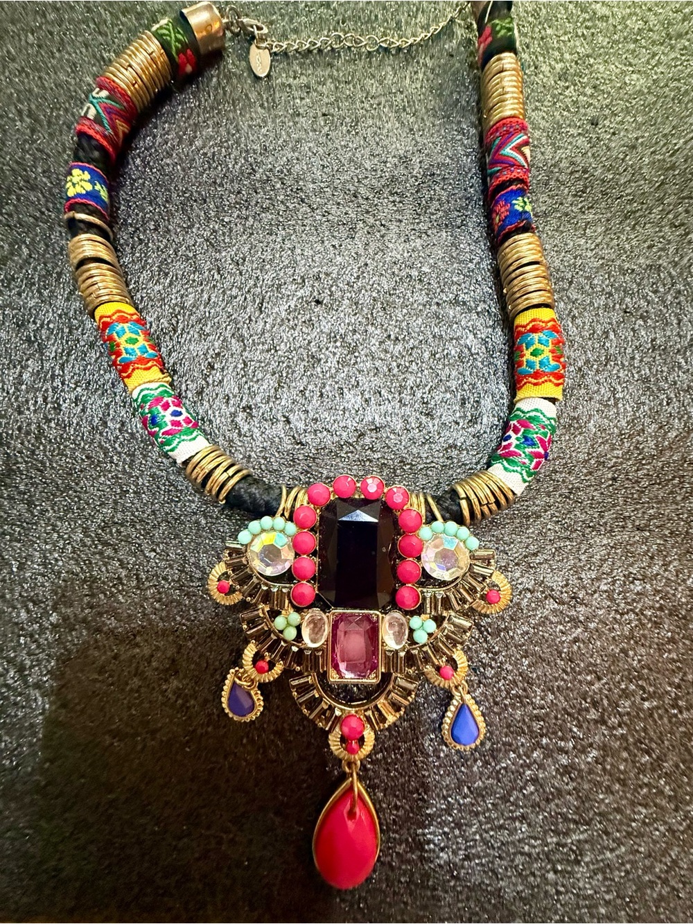 🇨🇦Bizou Boho Statement Bib Necklace Colorful Jewels Embroidered Collar